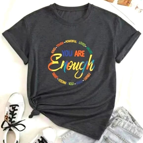 Plus Size Cotton Rainbow Color Letter Print Round Neck T-Shirt - Picture 1 of 3